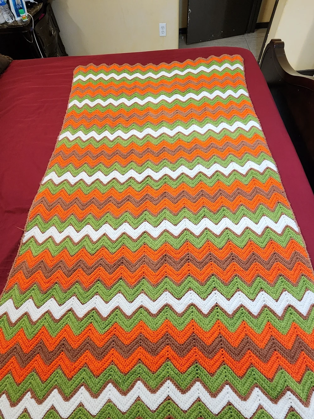 Vintage Handmade Chevron Crochet Throw in Orange, Green & White